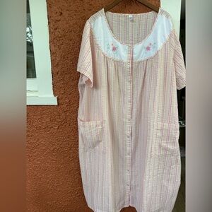 Women's Pink K Searsucker Housecoat Nitegown Cotton Bend Pearl Snaps Pockets 3XL
